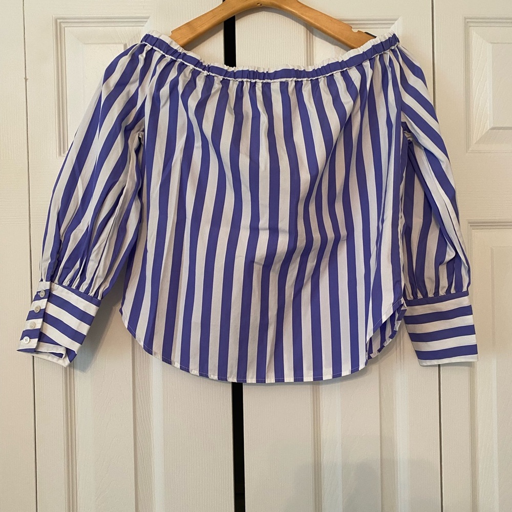 J. Crew Blue and White Striped Off-Shoulder Blouse Thomas Mason for J Crew